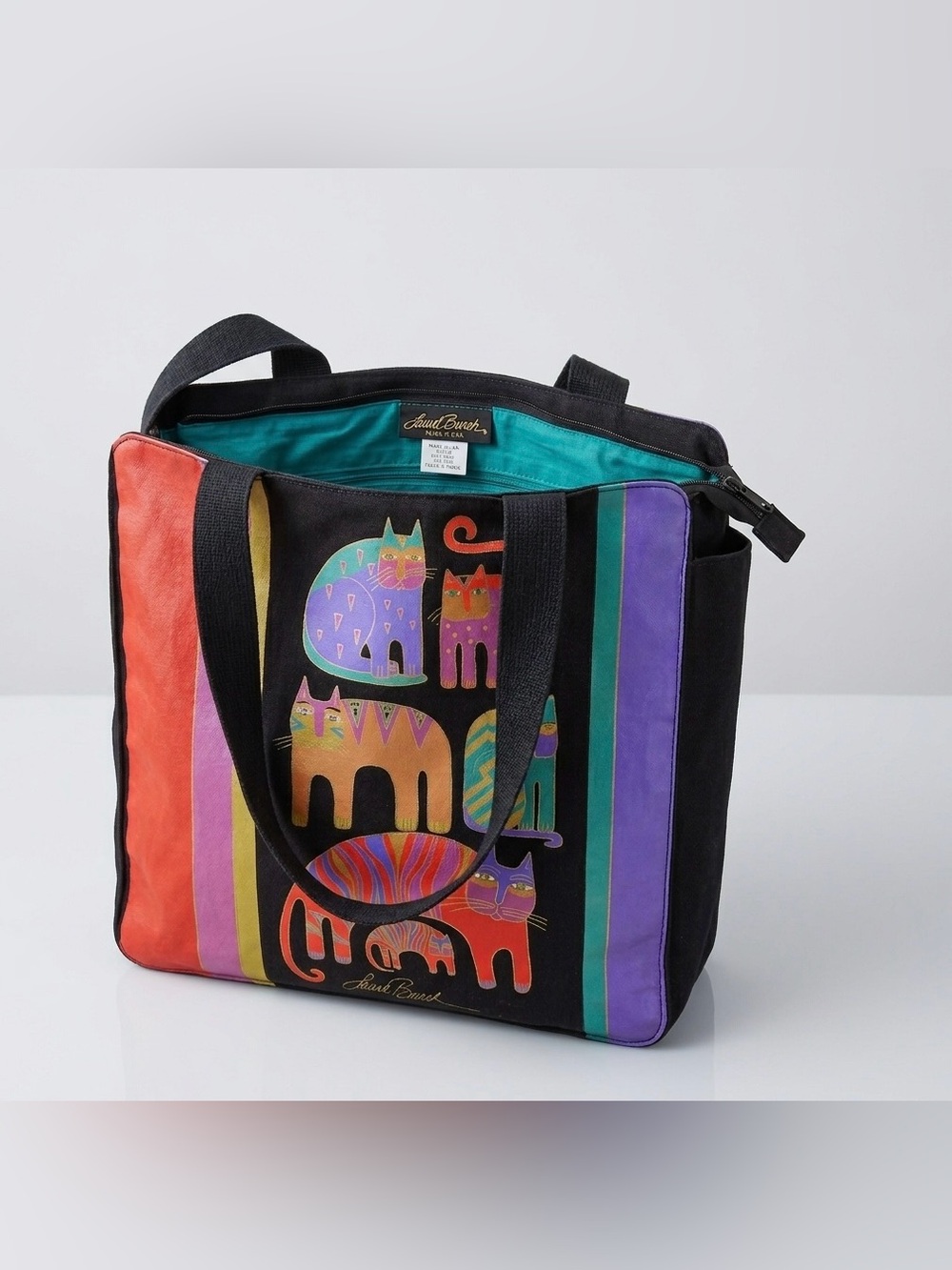 Vintage LAUREL BURCH Cat Tote Bag Canvas Colorful Geometric Feline Y2K